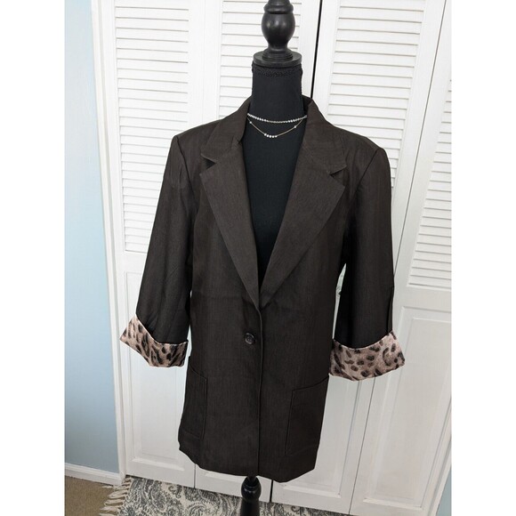 Susan Graver Denim Boyfriend Jacket Women's XL Brown Blazer Leopard Print Lining - Picture 1 of 14